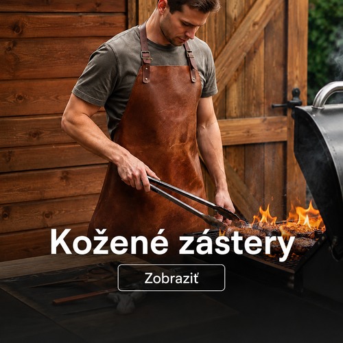 Muž pri grile v hnedej koženej zástere Kanex