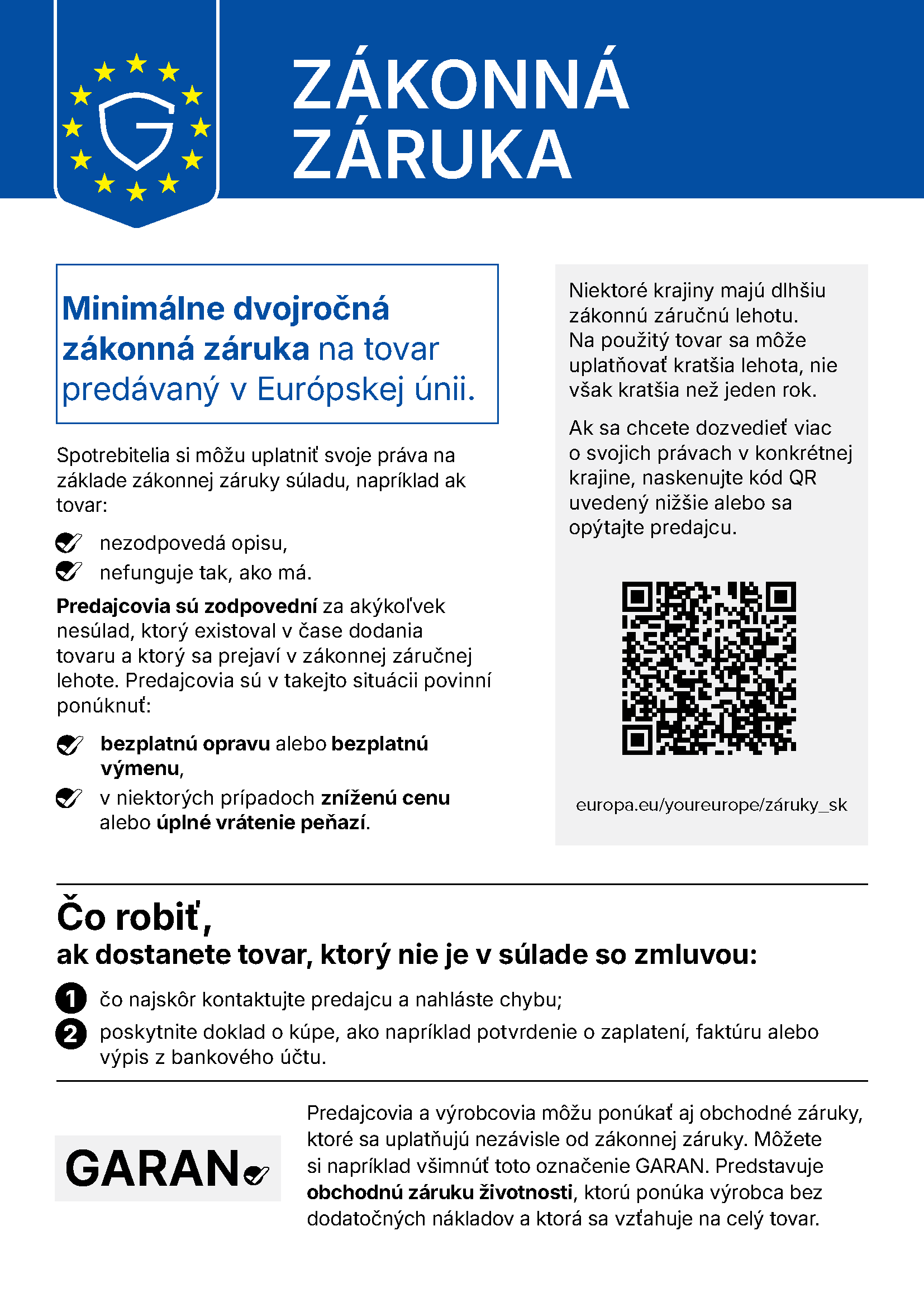 Oficiálne harmonizované oznámenie EÚ o zákonnej záruke. Úplný text je uvedený aj pod obrázkom.